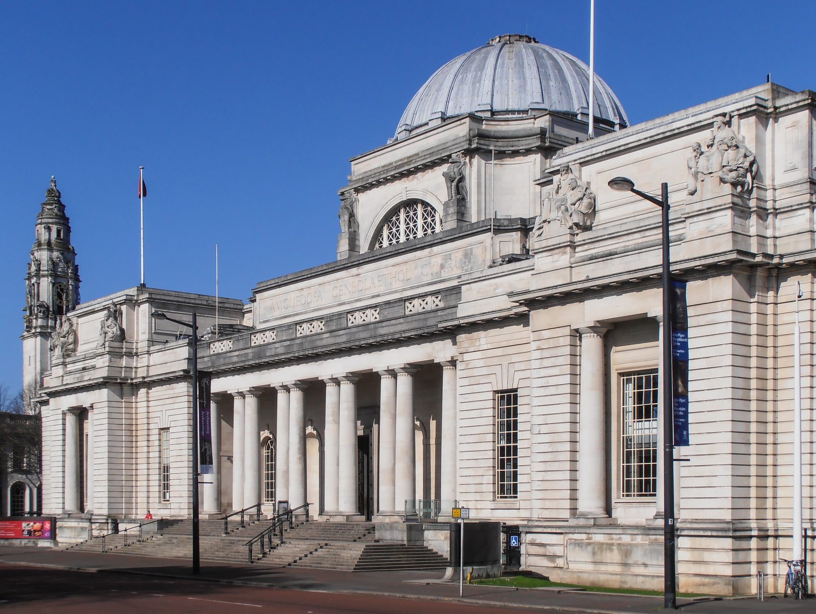 the entrance and columned facade of National Museum Cardiff in Cathays Park