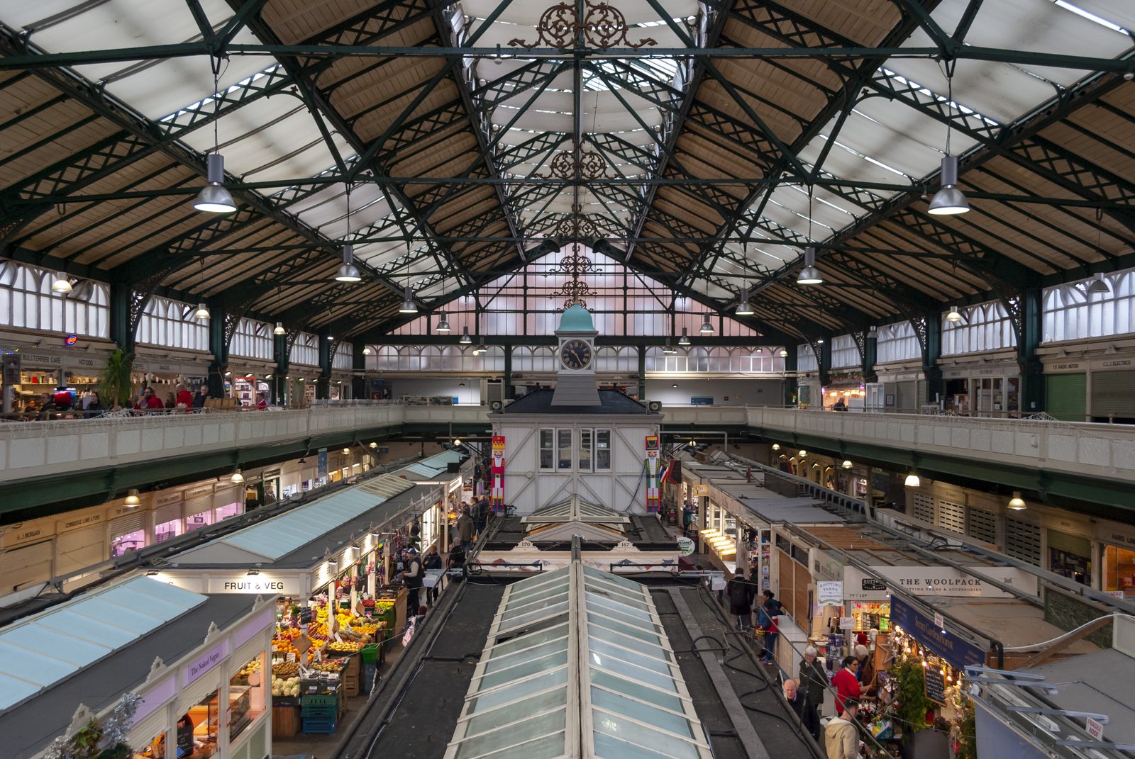 The iron-framed Victorian interior of Cardiff Central Market with its independent stalls, Cardiff