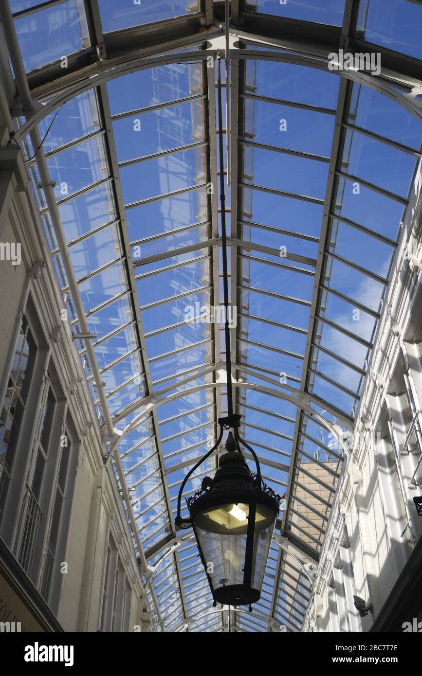The glass-roofed Victorian interior of Royal Arcade, Cardiff